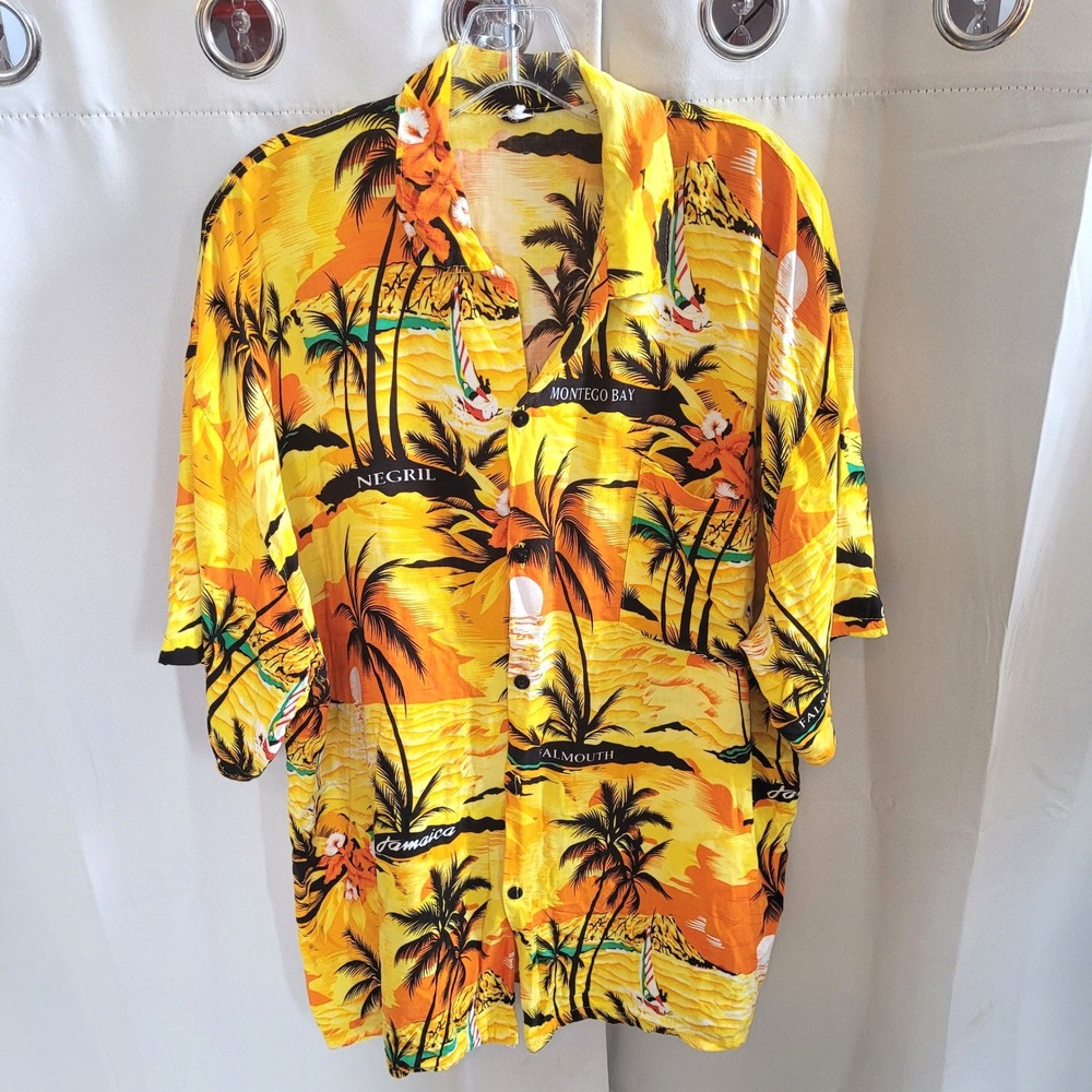 Jamaica Mens Button Up XL Tropical Negril Montego Bay Sunset Palm Tree 21579